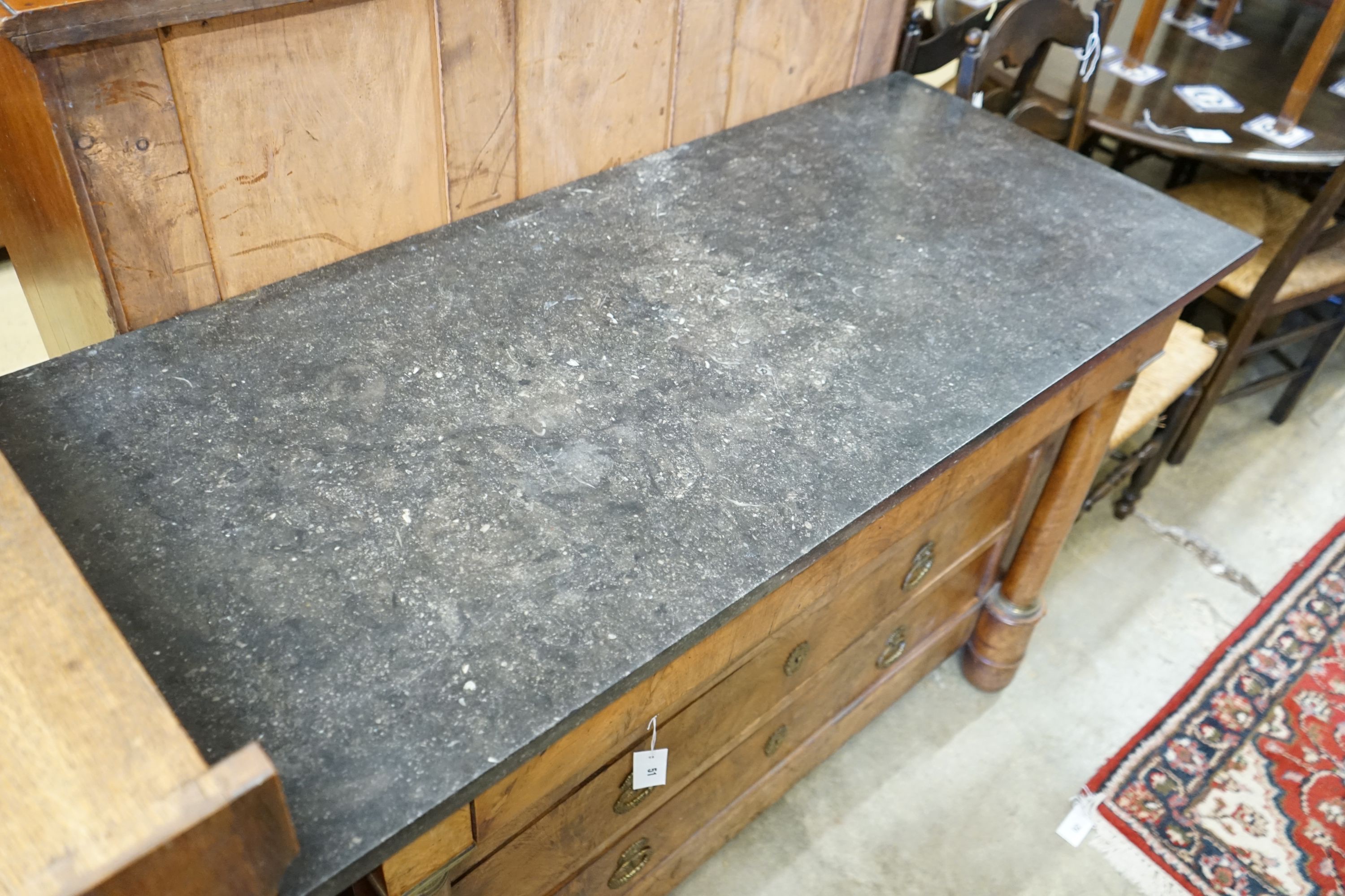 A 19th century French Empire style marble top walnut commode, width 130cm, depth 58cm, height 89cm